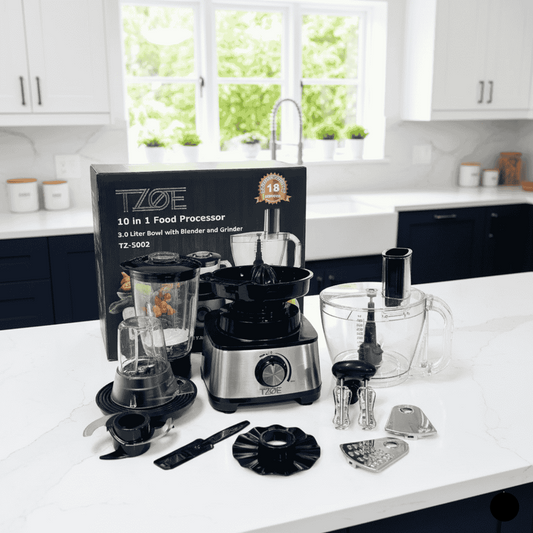 TZOE 10-in-1 food processor set on a kitchen counter with accessories.