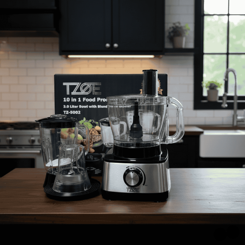 TZOE food processor and blender on a kitchen counter with a kitchen background.