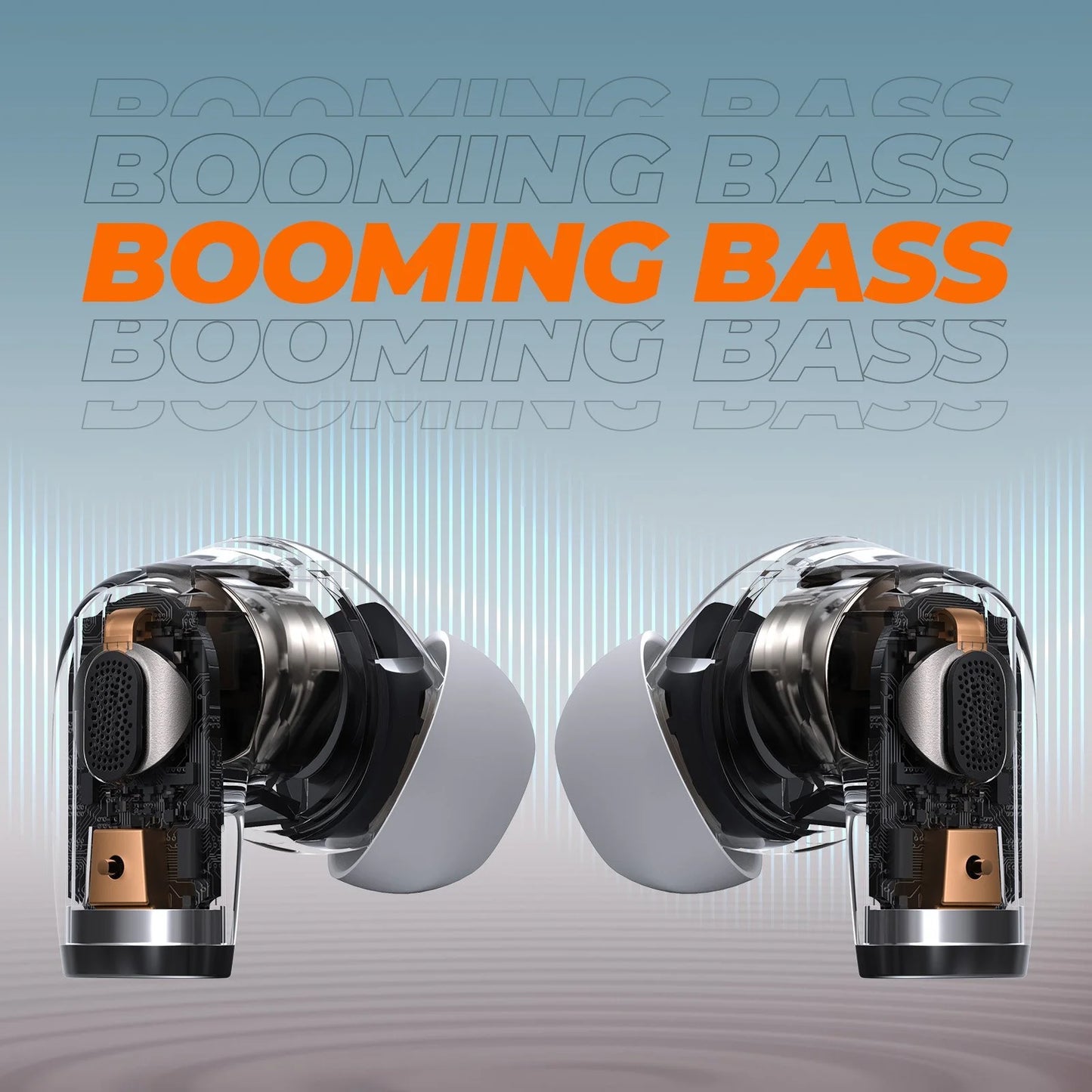 Transparent earbuds with metallic accents on a gradient background with 'Booming Bass' text.