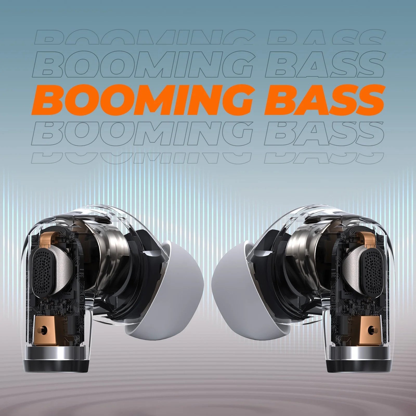Transparent earbuds with metallic accents on a gradient background with 'Booming Bass' text.