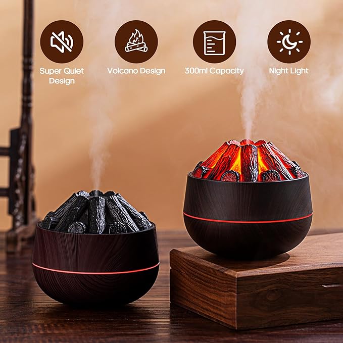 Two black lava lamp-style diffusers on a wooden surface with features listed above them.
