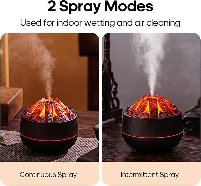 Two modes of a lava lamp-like device with steam, labeled 'Continuous Spray' and 'Intermittent Spray', used for indoor wetting and air cleaning.