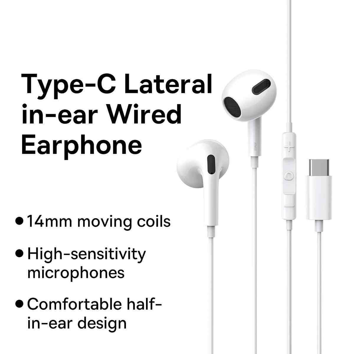 Type-C lateral in-ear wired earphones with specifications on a white background