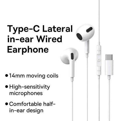 Type-C lateral in-ear wired earphones with specifications on a white background