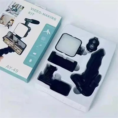 Video-making kit with components and packaging on a white background