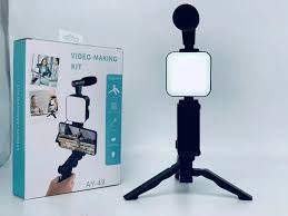 Video-making kit with microphone and stand on a white background
