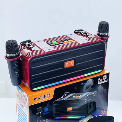 WSTER portable audio device with two microphones on a white background