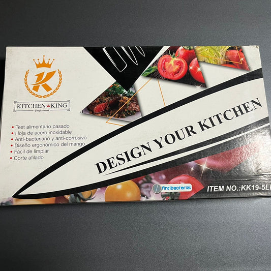 Product packaging with 'Design Your Kitchen' text and images of fruits and vegetables on a gray background