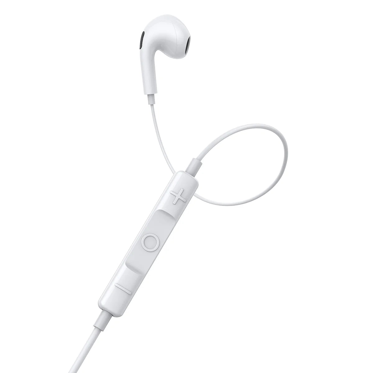 White Bluetooth earbuds with control unit on a white background