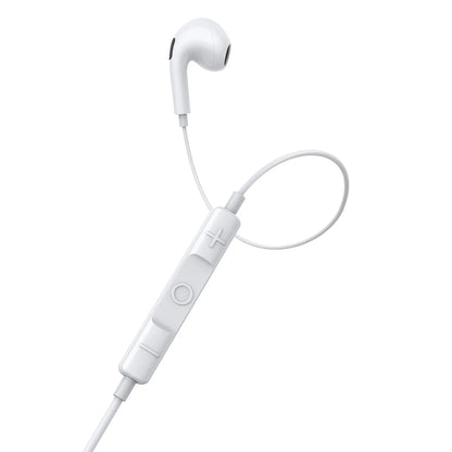 White Bluetooth earbuds with control unit on a white background
