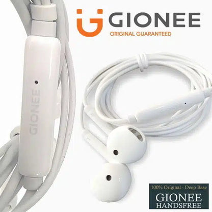 White Gionee earphones with logo and text on a white background