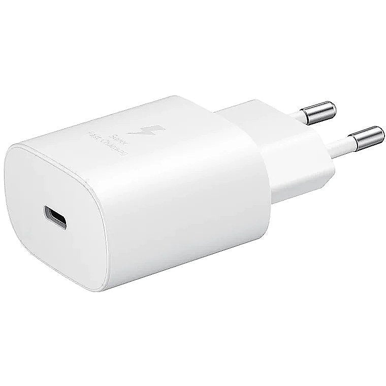 White USB-C wall adapter on a white background