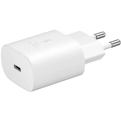 White USB-C wall adapter on a white background