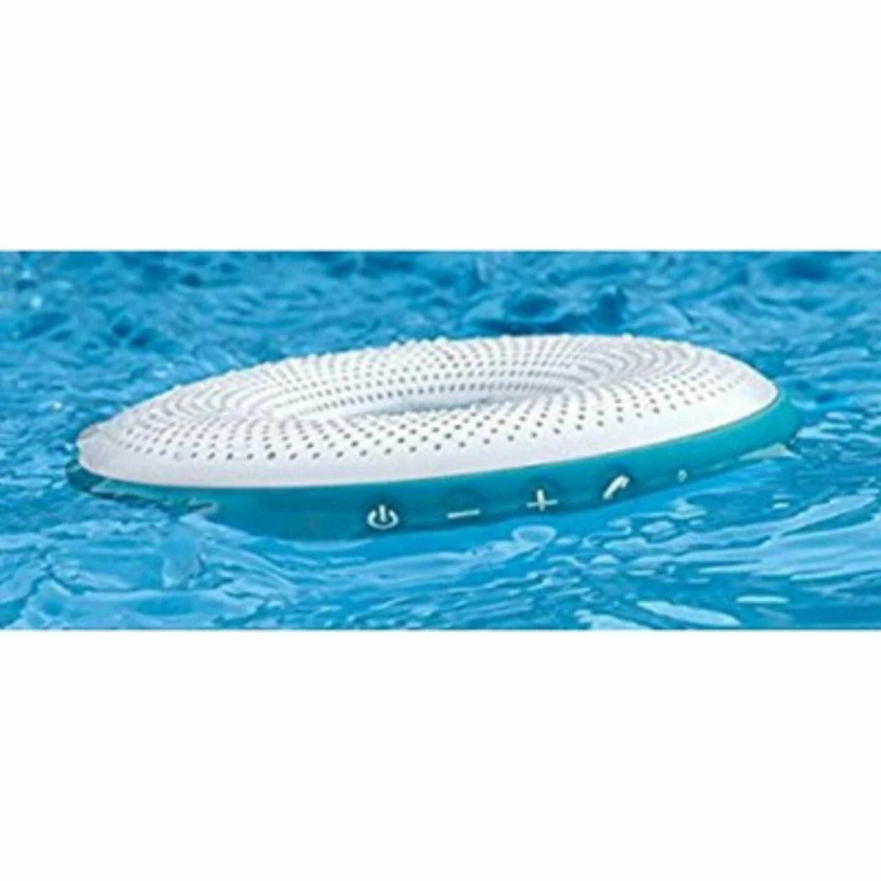 White and blue pool floating speaker on water