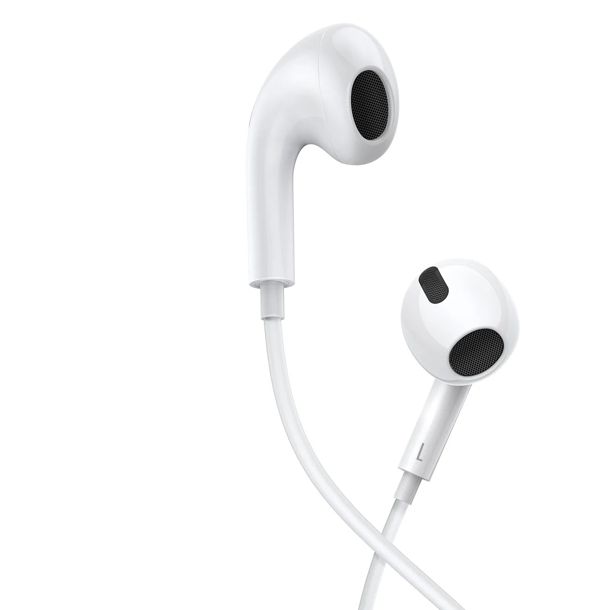 White earphones with a black control on a white background