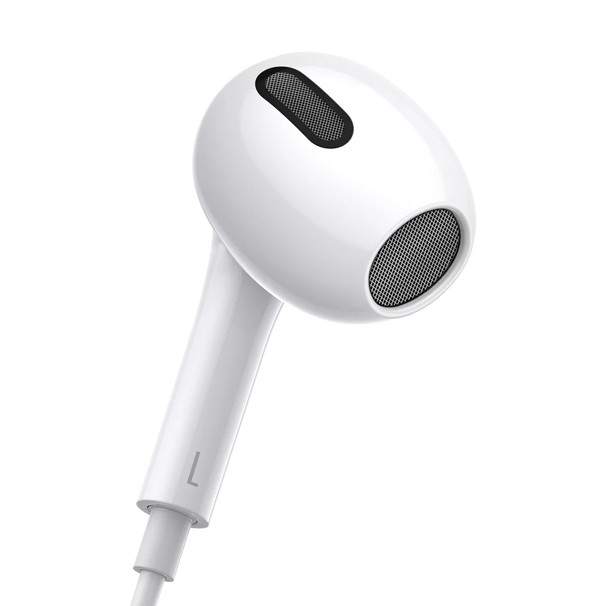 White earphones with a black control on a white background