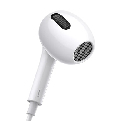 White earphones with a black control on a white background