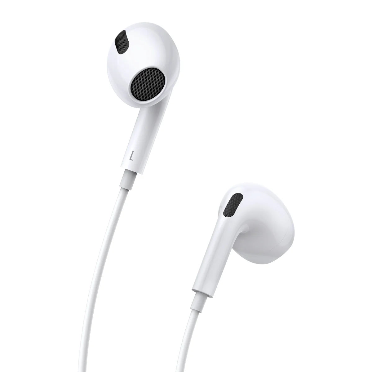 White earphones with a black speaker grille on a white background