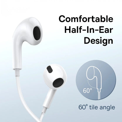 White half-in-ear headphones with text highlighting comfort and design features on a light blue background.