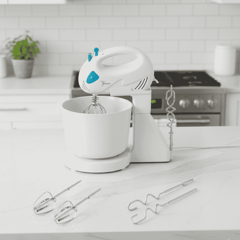 White hand mixer with attachments on a kitchen counter