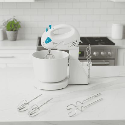 White hand mixer with attachments on a kitchen counter