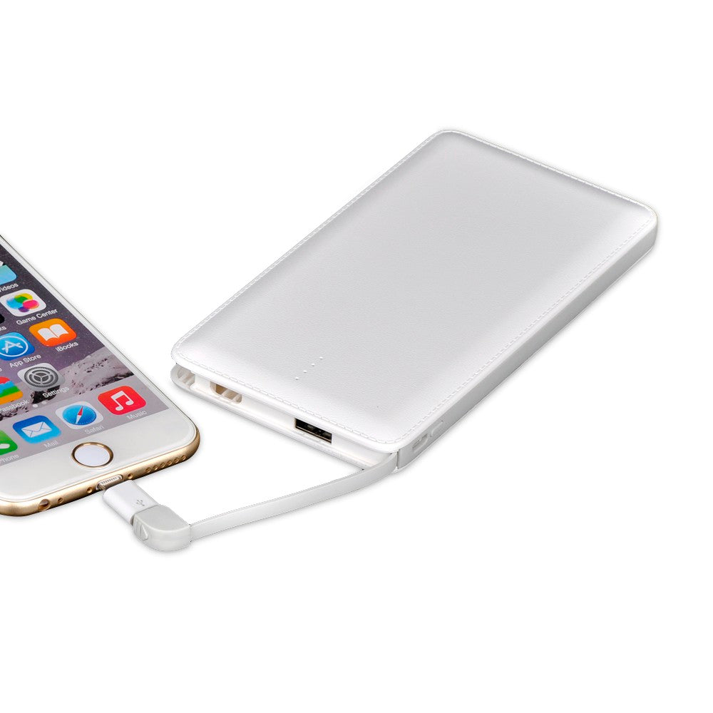 White power bank connected to a smartphone