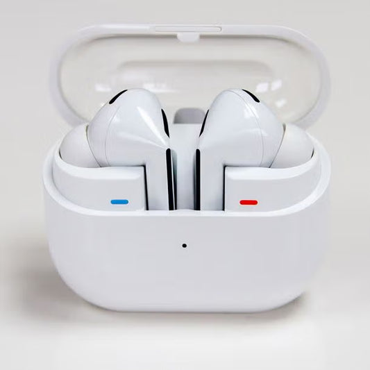 White wireless earbuds in a transparent charging case on a light gray background