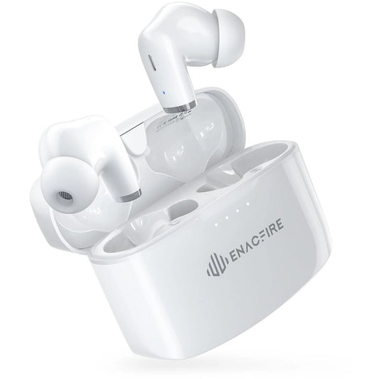 White wireless earbuds with charging case on a white background, featuring the ENACFIRE brand.