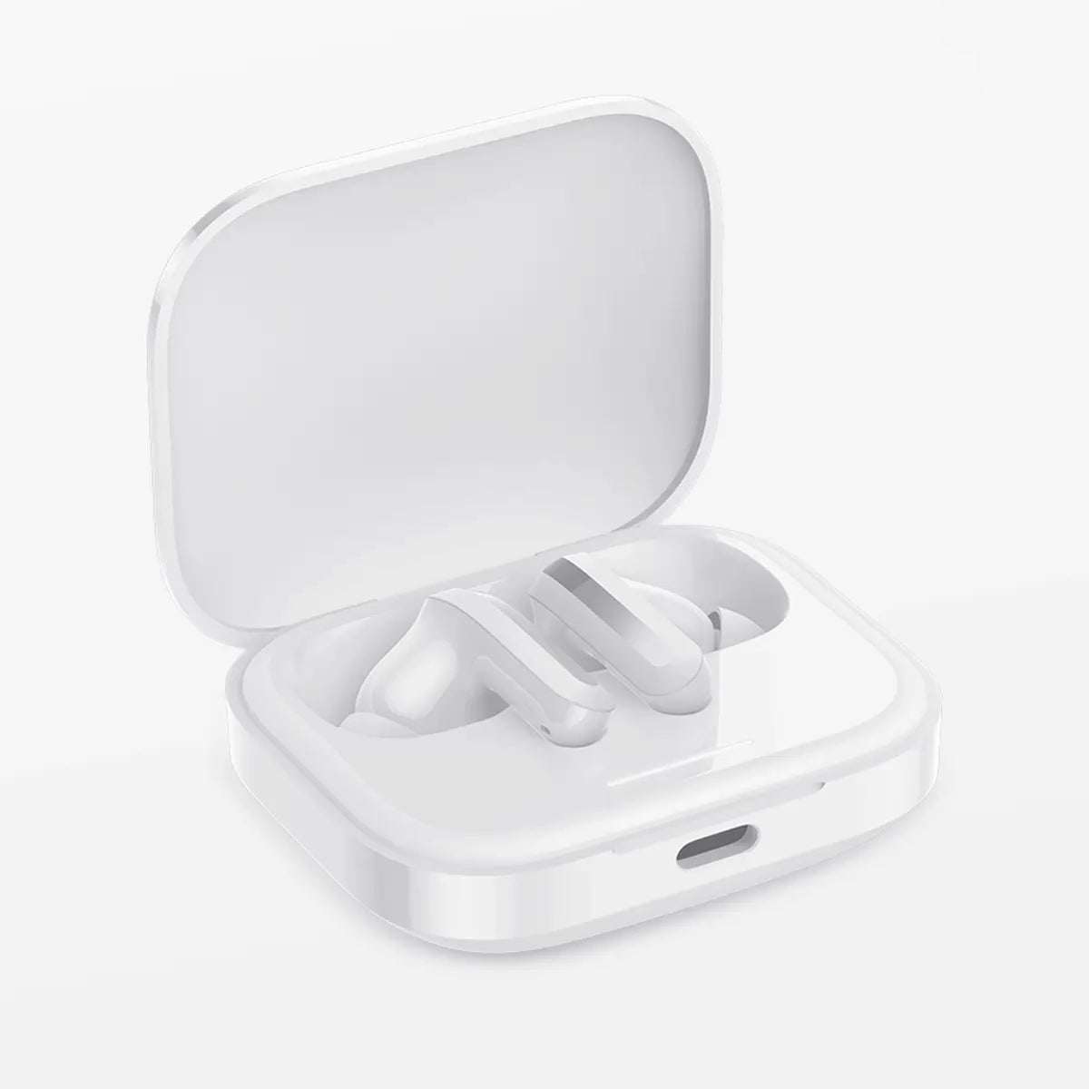 White wireless earbuds in a charging case on a light gray background