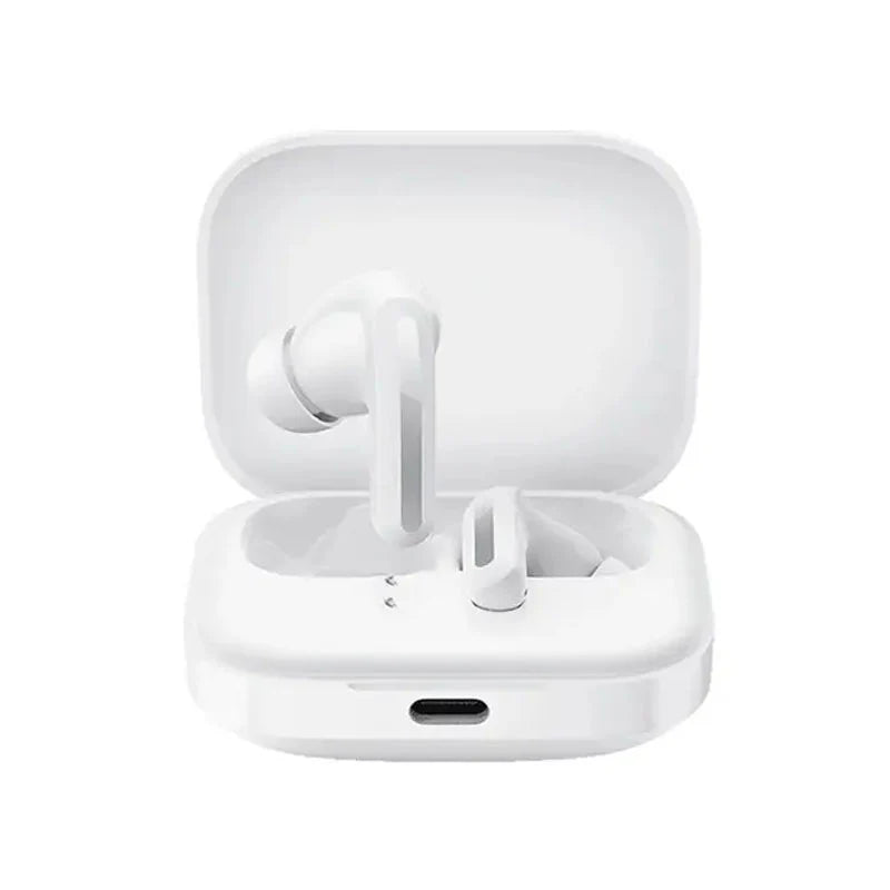 White wireless earbuds with charging case on a white background