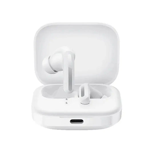 White wireless earbuds with charging case on a white background