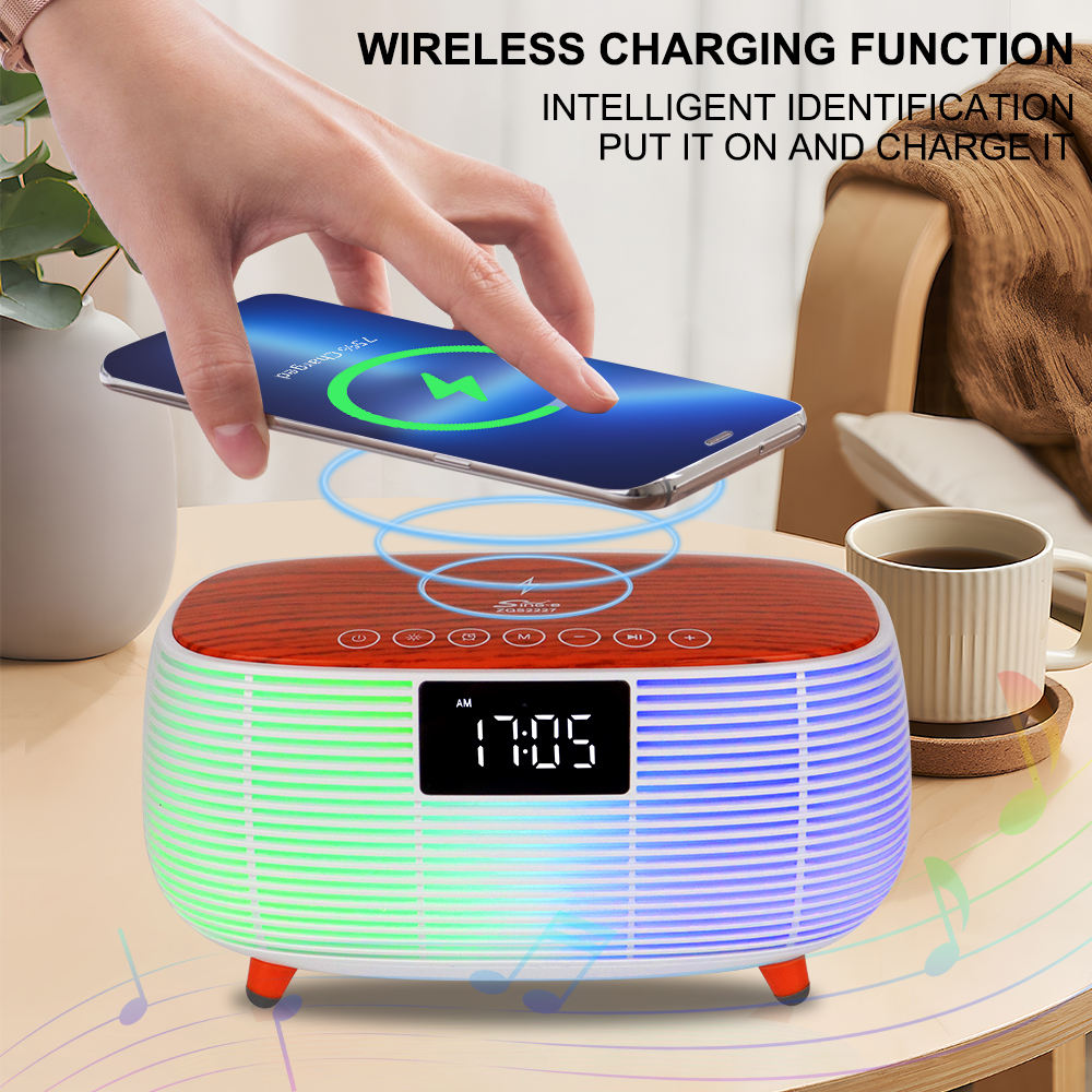 Wireless charging device on a table with a phone being charged, surrounded by a cozy living room setting.