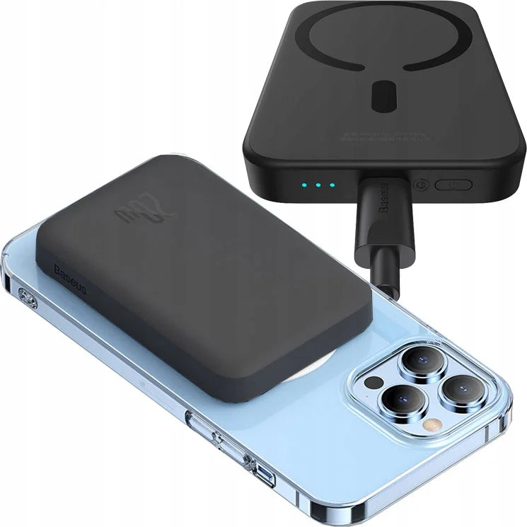 Wireless charging pad and receiver on a smartphone with a white background