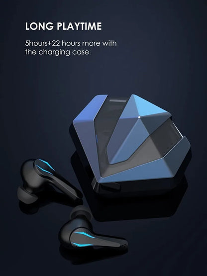 Wireless earbuds with charging case on a dark background