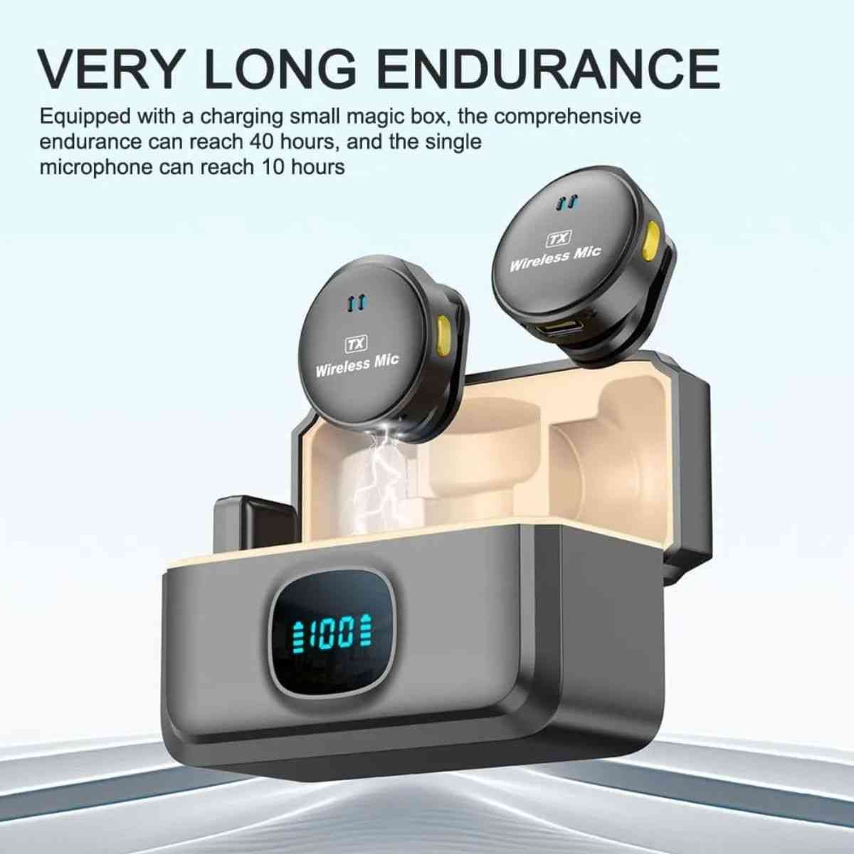 Wireless microphone system with charging box and digital display on a light blue background