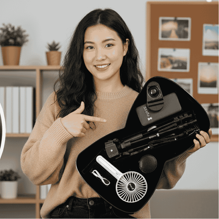 Woman holding a camera lens kit in a home office setting