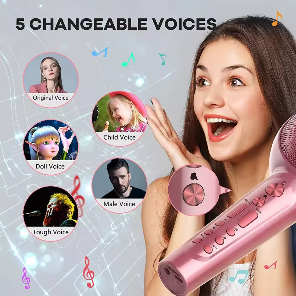 Woman holding a pink electronic device with voice-changing options displayed on a gray background.