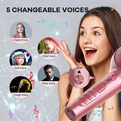 Woman holding a pink electronic device with voice-changing options displayed on a gray background.