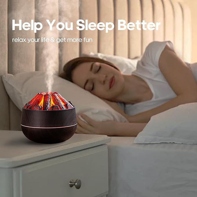 Woman sleeping with a fire-themed lamp on a nightstand, text 'Help You Sleep Better' displayed.