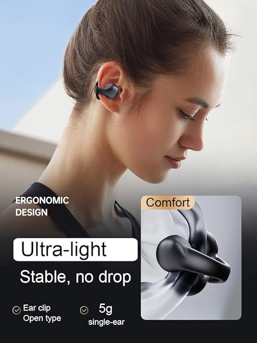Woman wearing wireless ear clip with product features highlighted