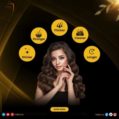 Woman with styled hair surrounded by icons indicating hair benefits on a dark background - armaa store