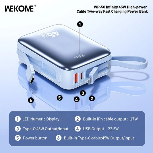 45W Fast Charging Power Bank 20000mAh with Built-in Type-C & Lightning Cables