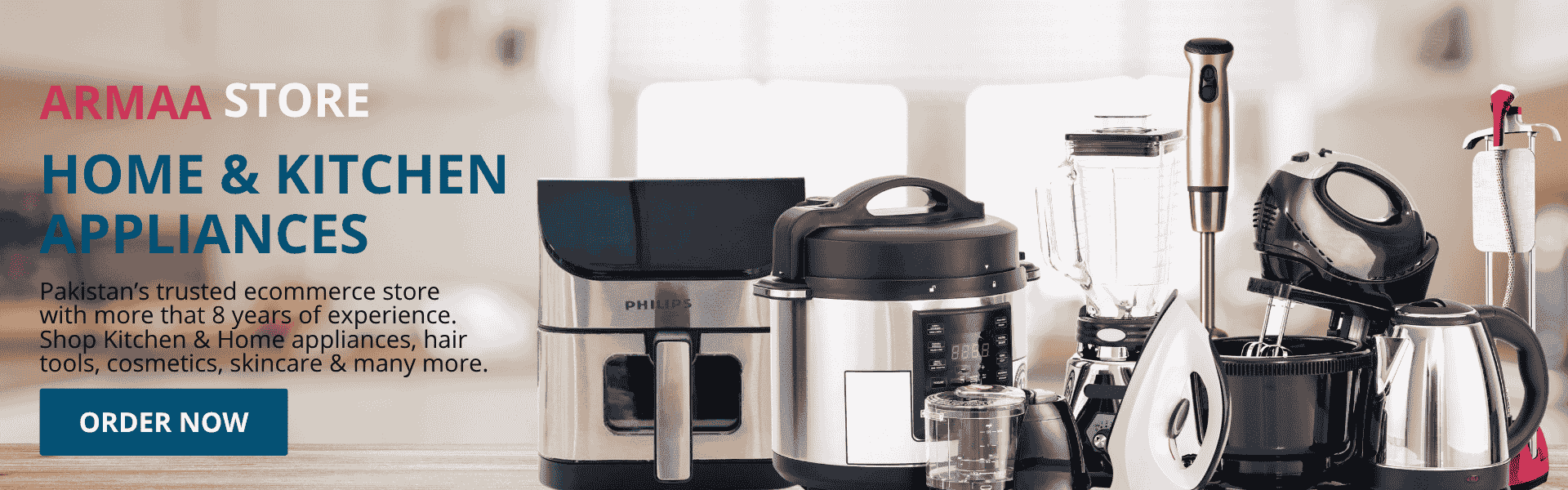 Collection of home and kitchen appliances with a promotional banner for Armaa Store.