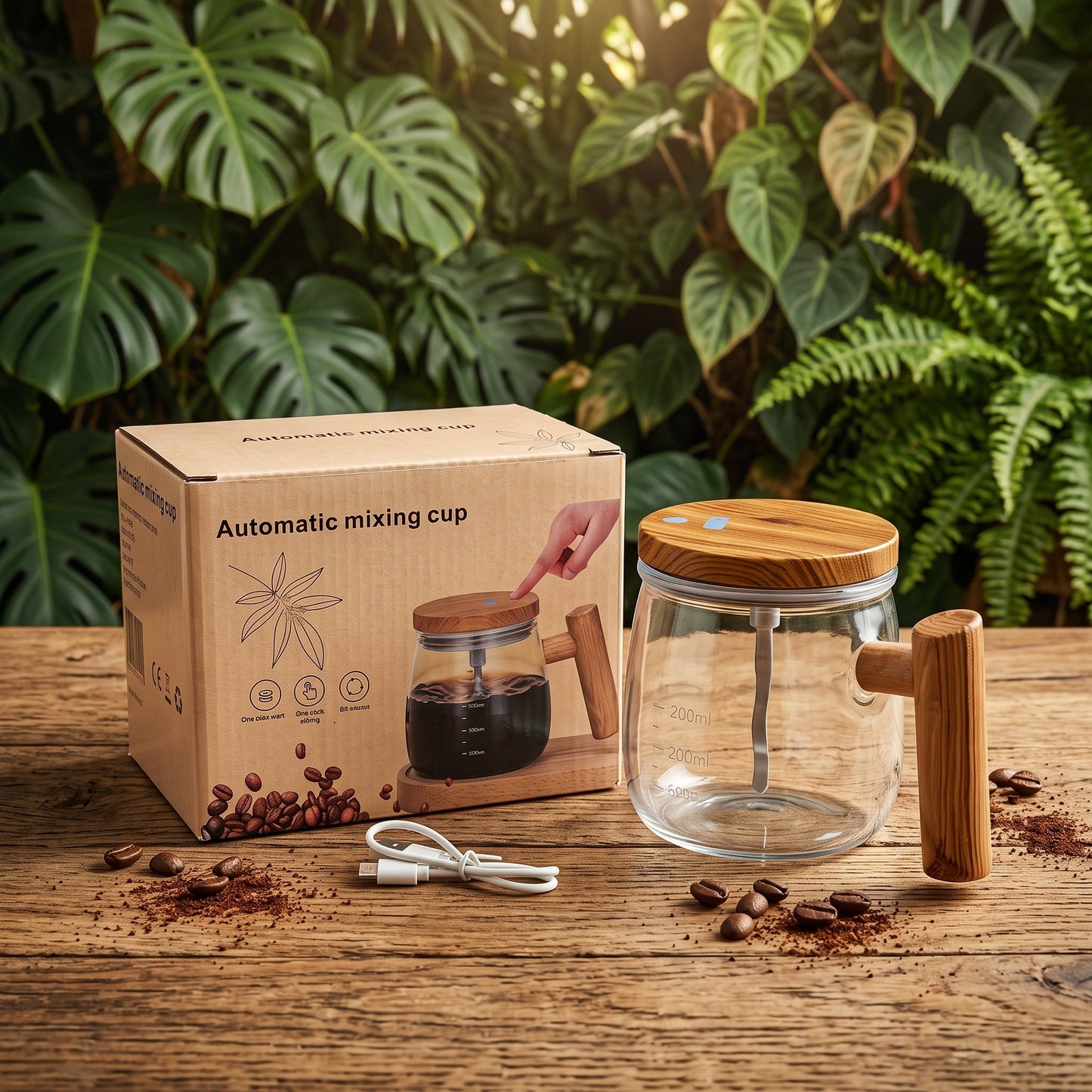 Automatic Self Stirring Coffee Mug | Rechargeable Electric Mixing Cup with Wooden Handle - Armaa Store Pk
