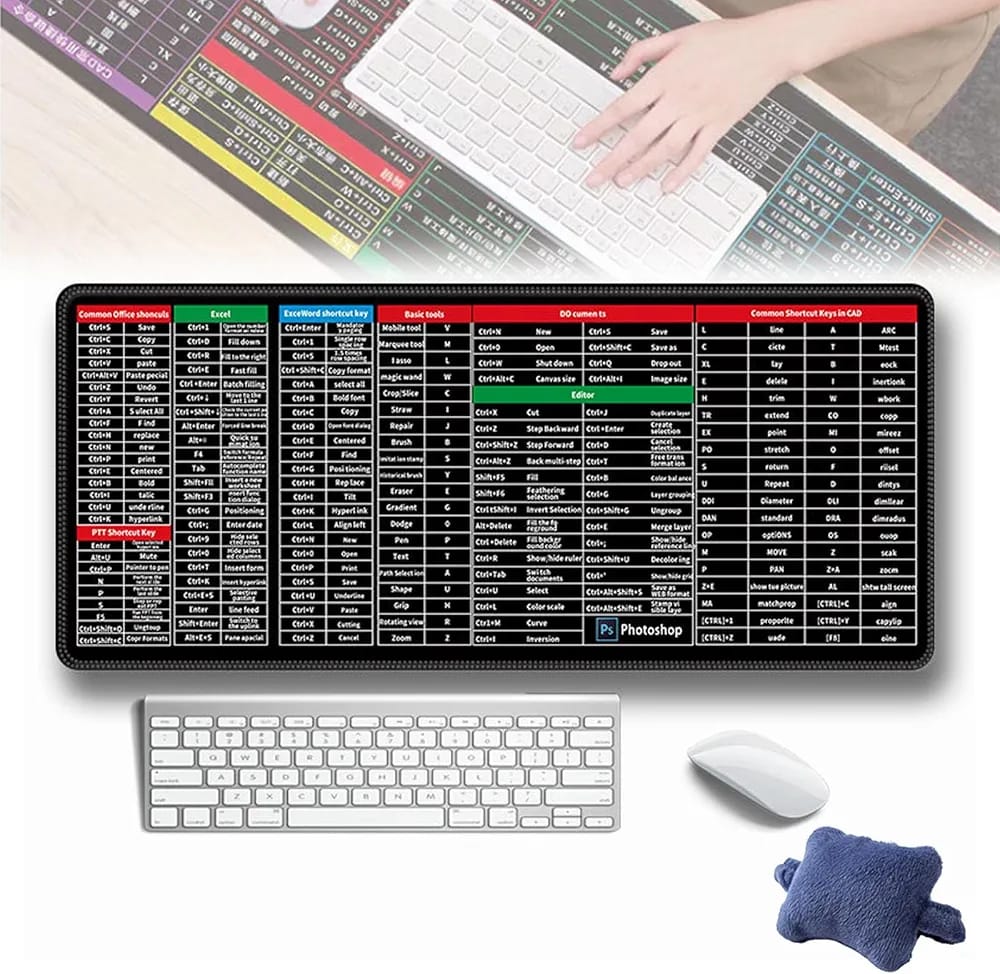 Extended Excel Shortcut Desk Mat (30×80cm) – Non-Slip Keyboard & Mouse Pad | 2 Pieces Set