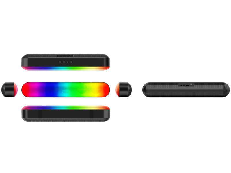 Black electronic device with RGB lighting on a white background