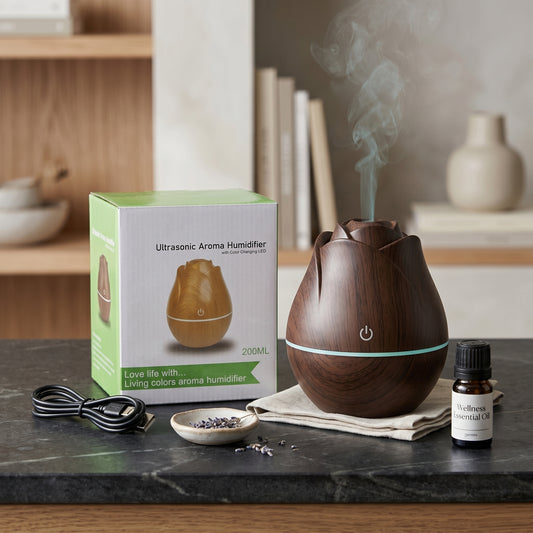 Aroma Humidifier 200ML – LED Color Changing Air Diffuser with Wood Grain Finish