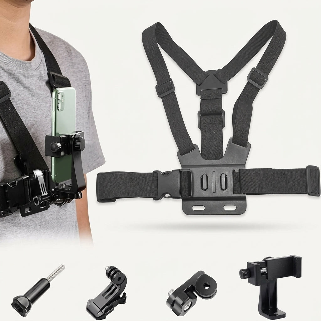 Adjustable Chest Mount Phone & Action Camera Holder – 360° Rotatable Hands-Free Strap