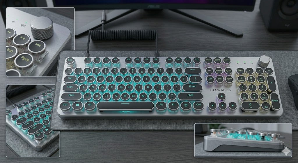 Wired Mechanical Gaming Keyboard – Retro Typewriter Round Keycaps with RGB Backlight & Multimedia Control Knob