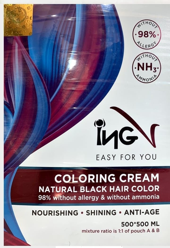 INGV Hair Coloring Cream Natural Black 1000ml (500+500) - Long Lasting Hair Dye